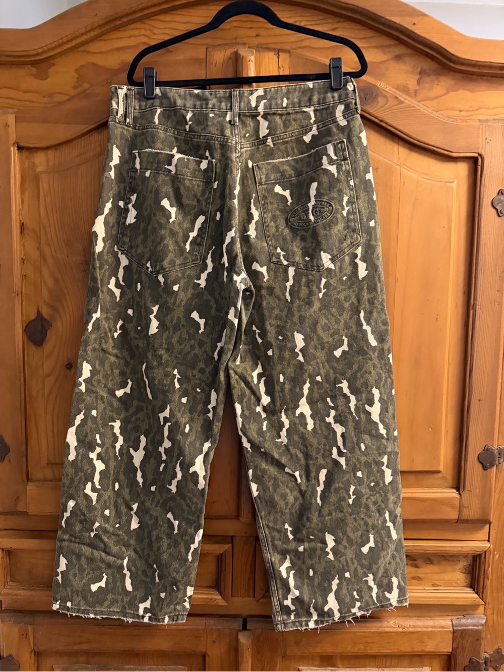 BDG Olive Green and White Camo Wide-Leg Flare Jeans